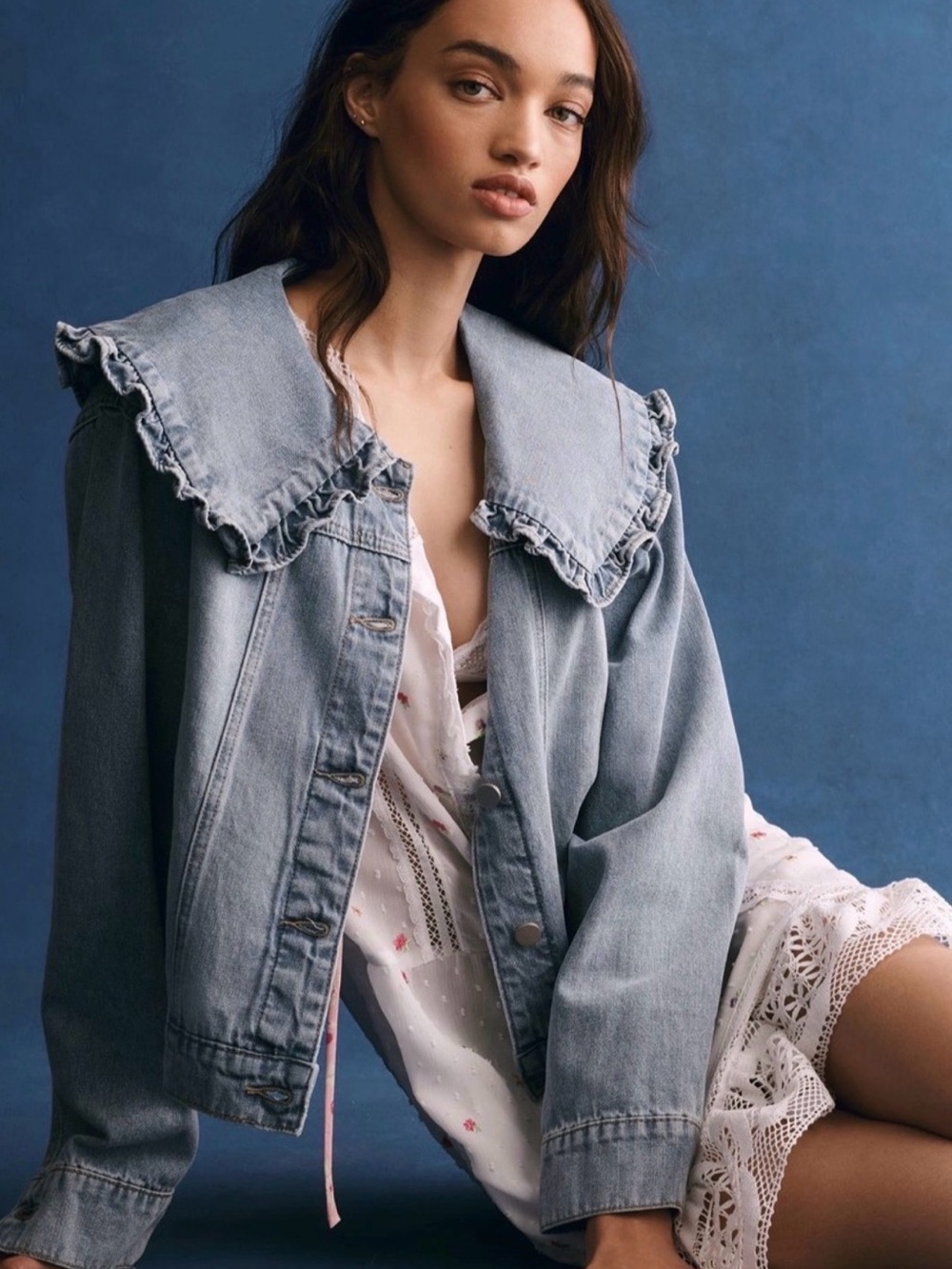 Anthropologie Mable Light Blue Denim Jacket with Ruffle Peter Pan Collar NWT